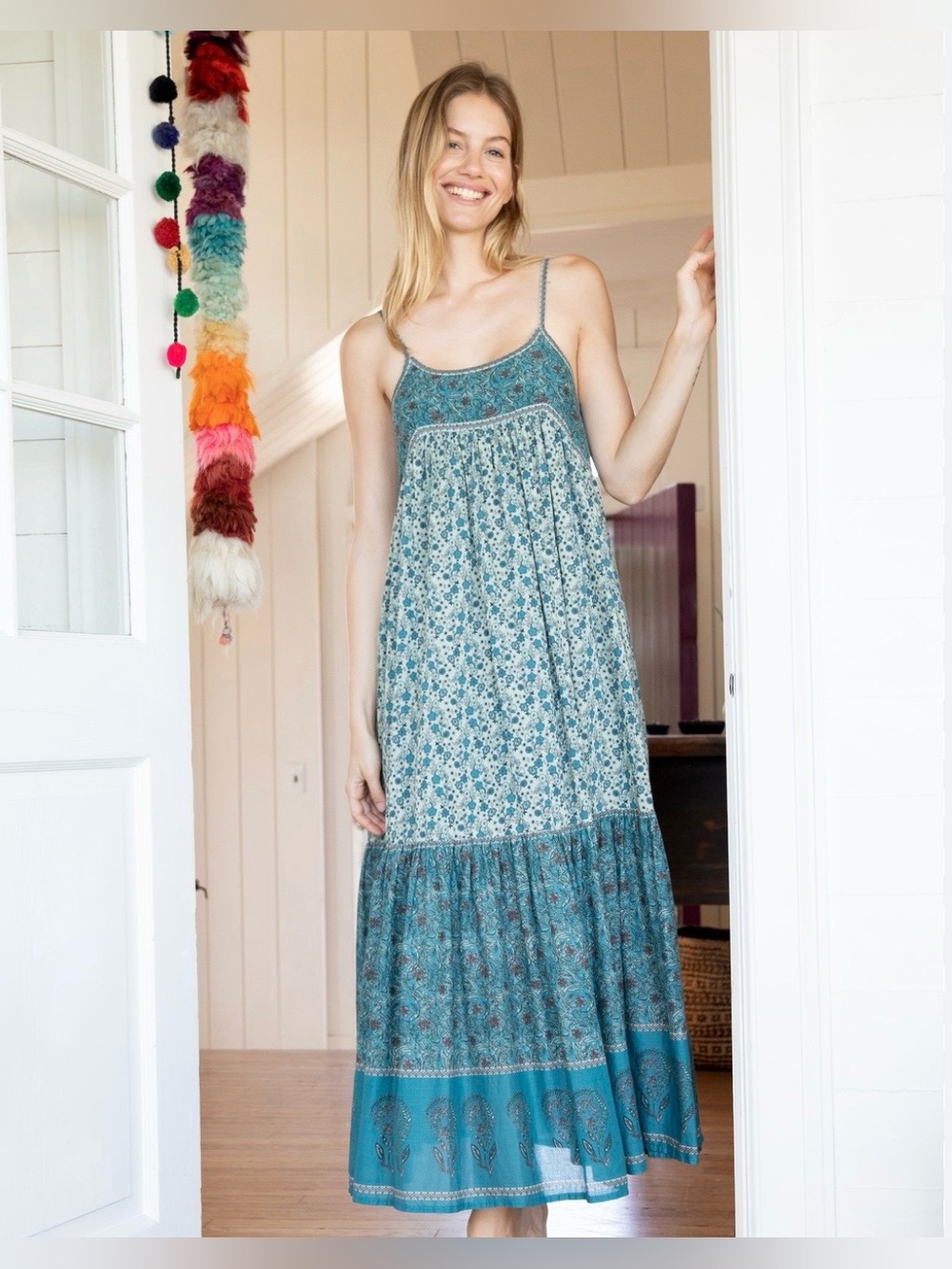 NATURAL LIFE Journey Boho Blue/Tan Floral Scoop-Neck Maxi Dress, Sz S